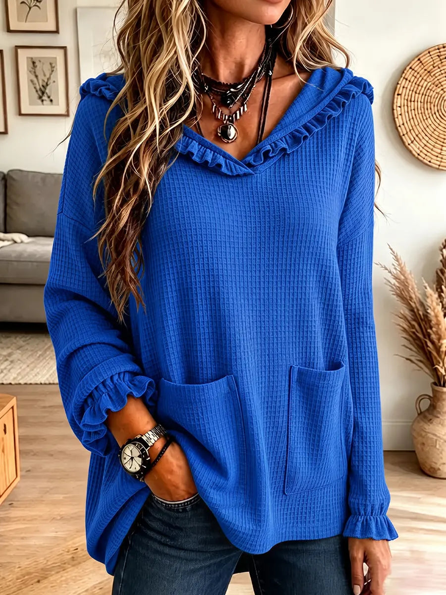 Vintage Elegant Waffle Knit Ruffled Pockets Hoodie Shirt