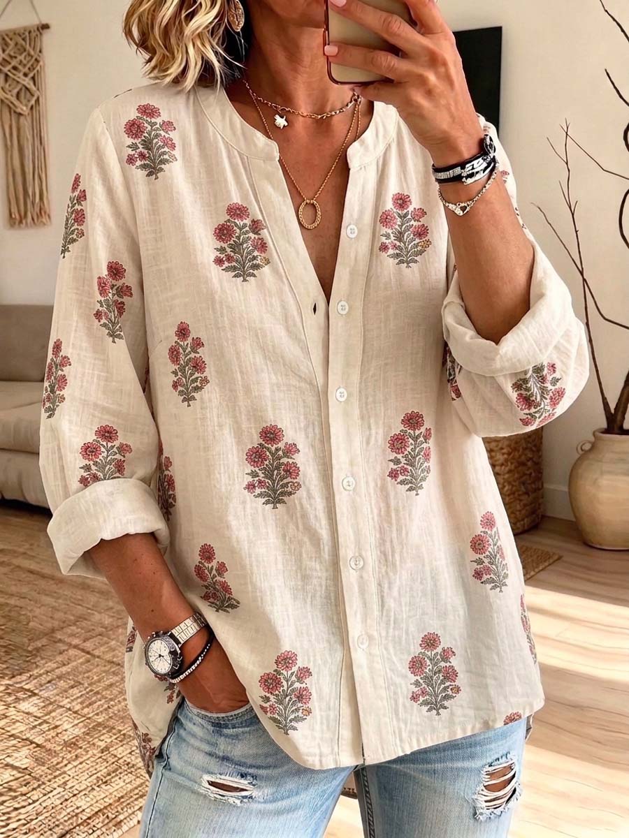 Retro Floral Pattern Art Print Casual Long Sleeve Cotton Linen Shirt