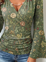 Retro Floral Pattern Art Print Casual Stylish Cotton V Collar Shirt