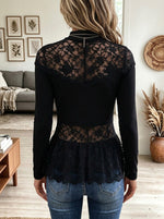Black High Neck Floral Lace Spliced Peplum Long Sleeve Top