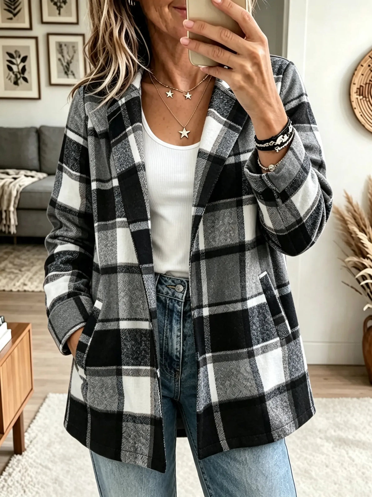 Women's Plaid Print Open-Front Cardigan Coat