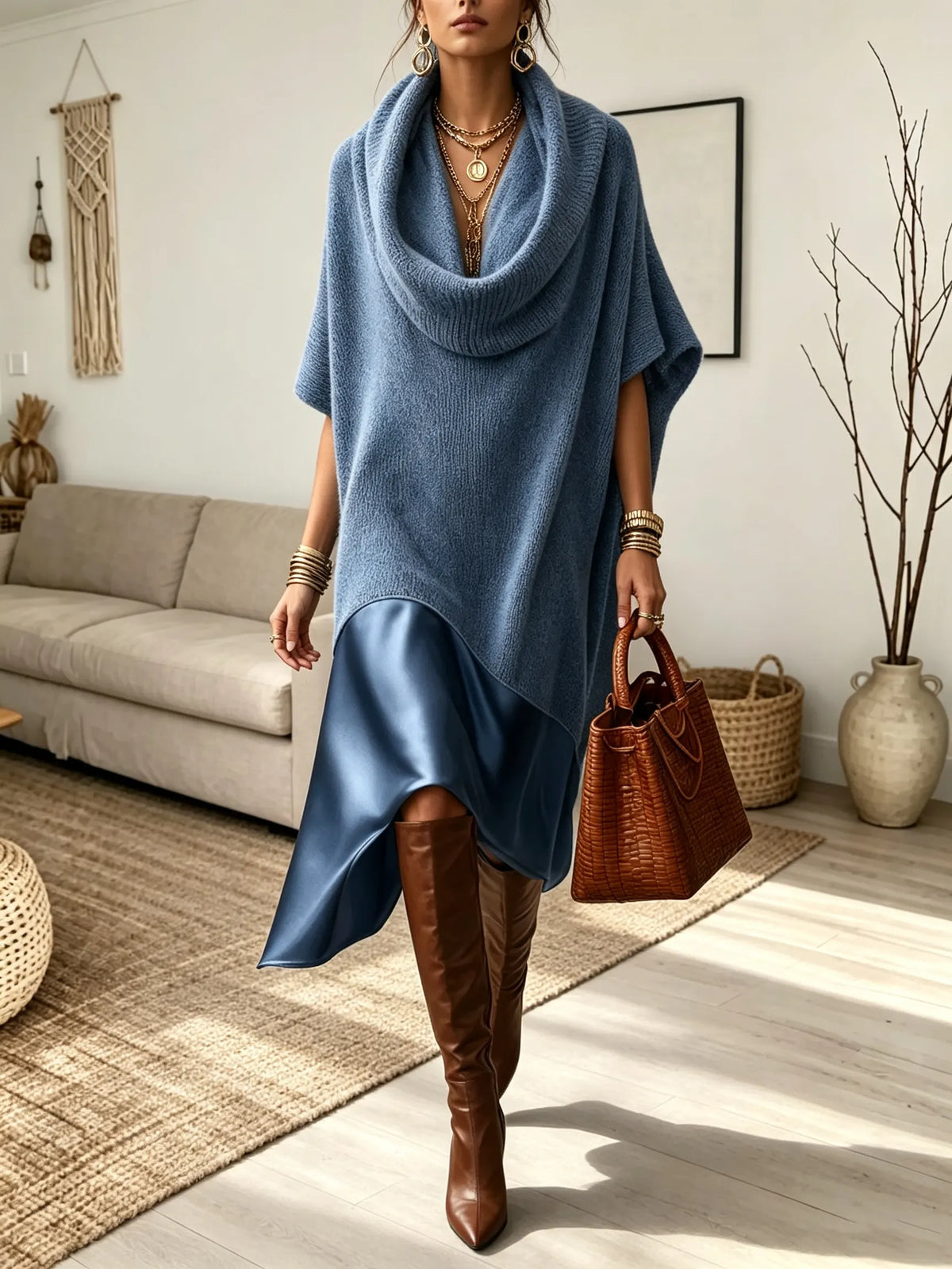 Women's Draped Cowl Neck Knit Dress