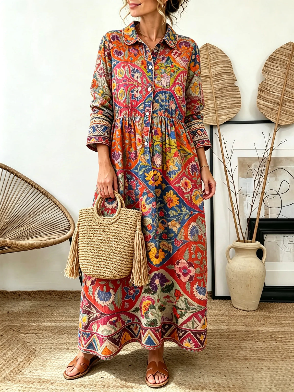 Women's Ethnic Floral Patchwork Print Collared Long Sleeve Maxi Dress