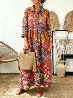 Women's Ethnic Floral Patchwork Print Collared Long Sleeve Maxi Dress