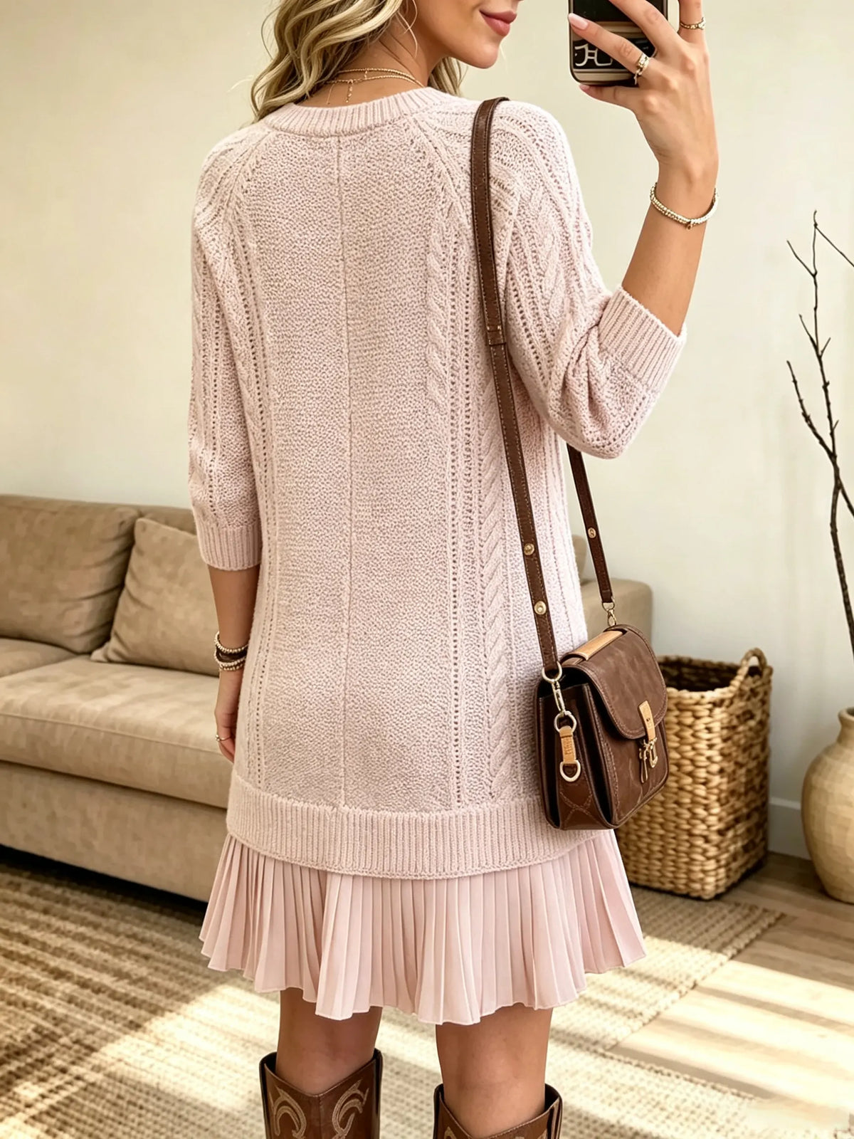 Women's Cable Knit Pleated Hem Sweater Dress