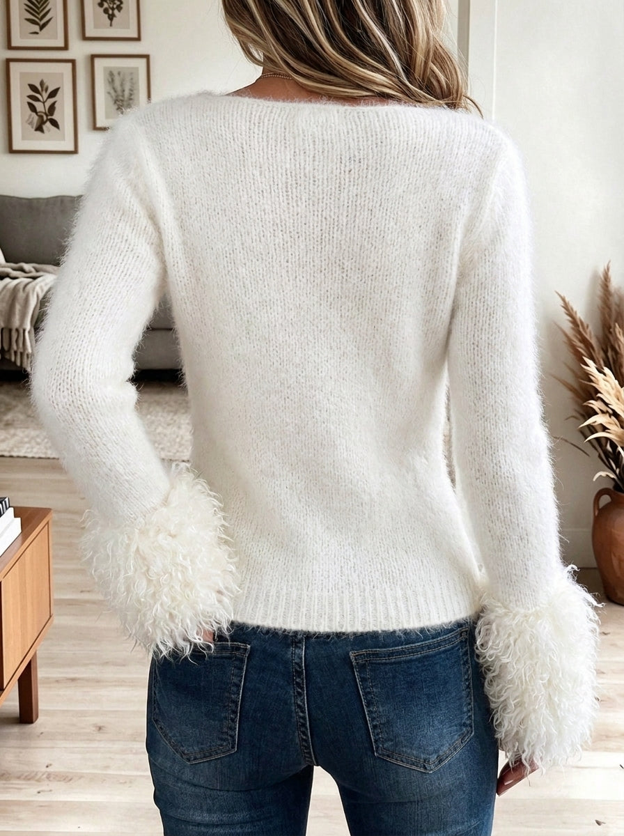 Women's Camel U-Neck Long Sleeve Slim Fit Top with Leopard Print Sleeves