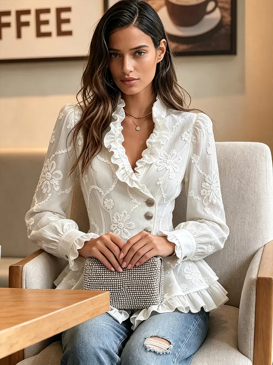 Women's Floral Embroidery Print Ruffled Peplum Blouse