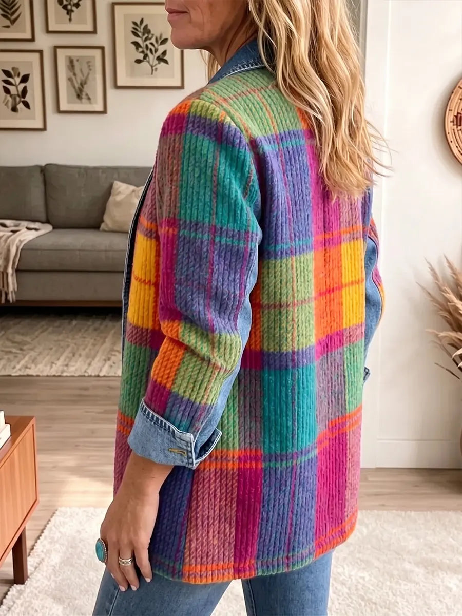 Vintage Elegant Denim Patchwork Plaid Jacket