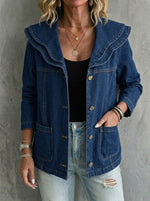 Ruffle Statement Collar Jean Jacket – Chic Button-Down Denim Coat