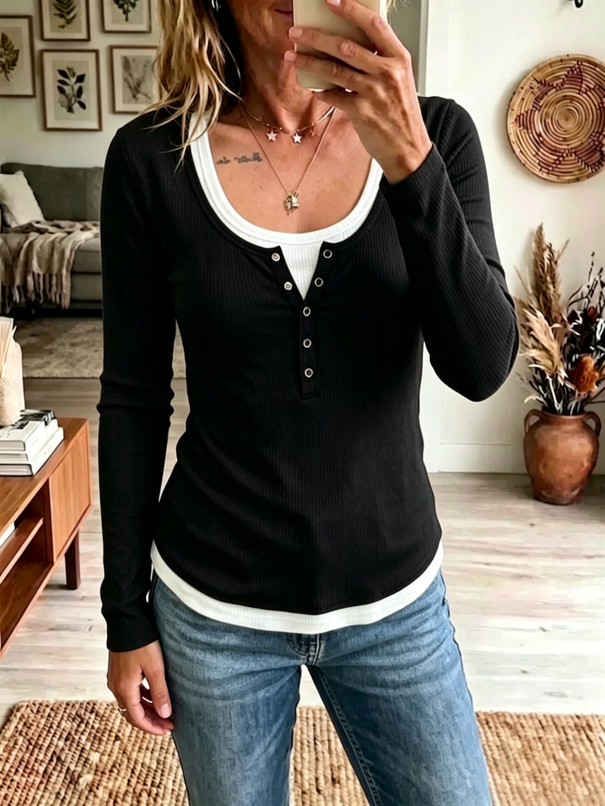 Mock Two‑Piece Ribbed Henley Top, Long Sleeve Scoop Neck Casual Tee