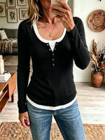 Mock Two‑Piece Ribbed Henley Top, Long Sleeve Scoop Neck Casual Tee
