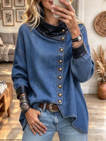 Women's Faux Leather Collar Cuff Denim Long Sleeve Button Front Tunic Top