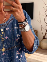 Women's Lace Hollow Out Wildflower Print 3/4 Sleeve Loose Blouse