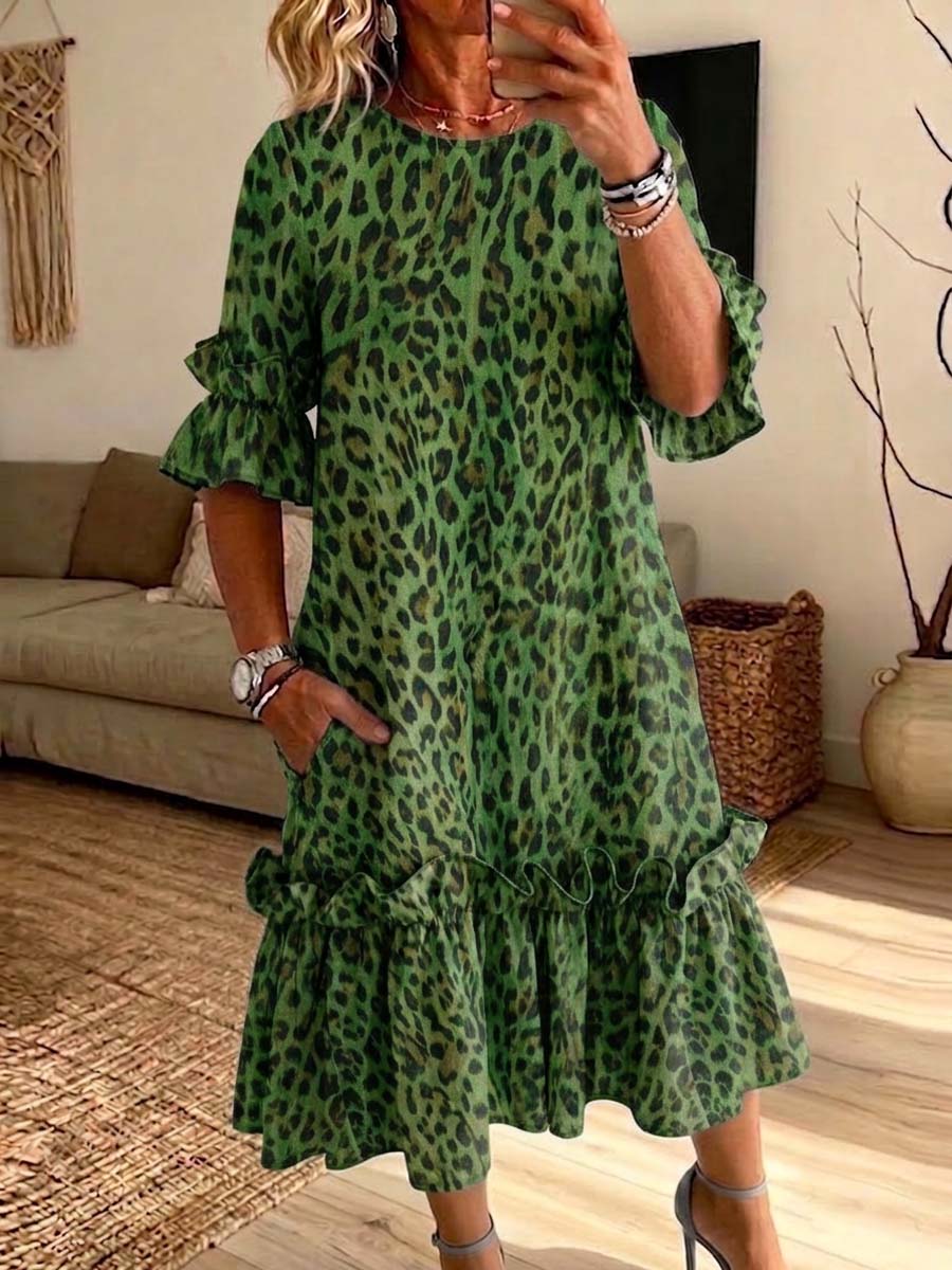 Retro Leopard Pattern Art Print Casual Ruffle Stylish Cotton Linen Dress