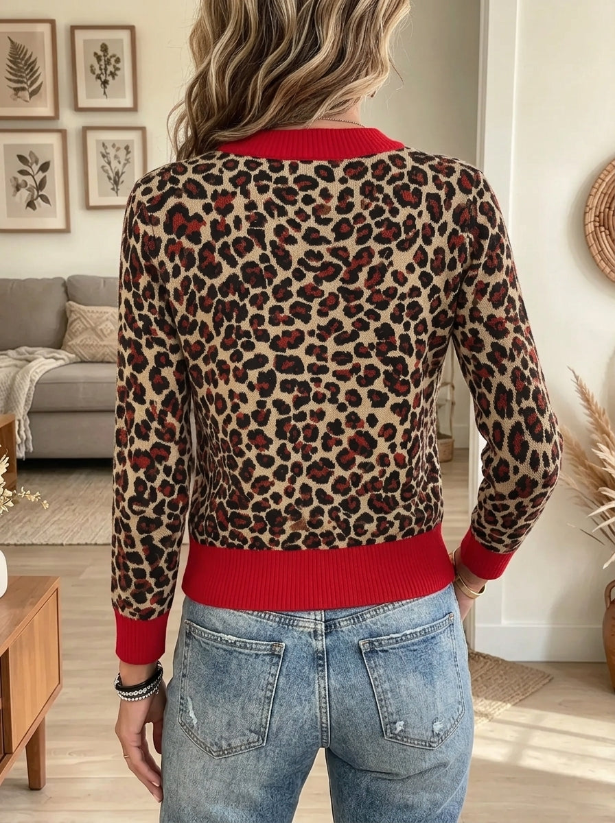 Women's Leopard Print Red Trim Crewneck Sweater