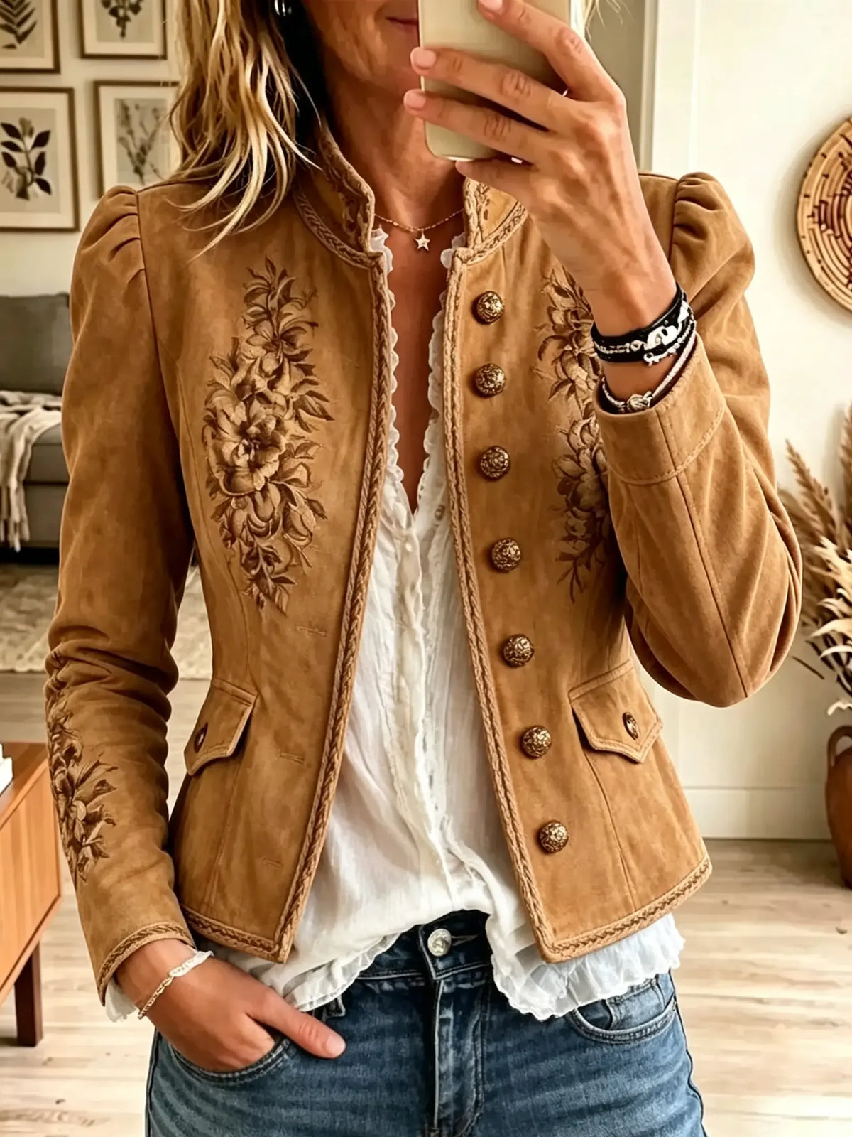 Women's Floral Military Suede Jacket