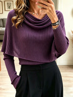 Women's Draped Cowl Neck Ribbed Knit Top, Layered Capelet Long Sleeve Pullover Sweater