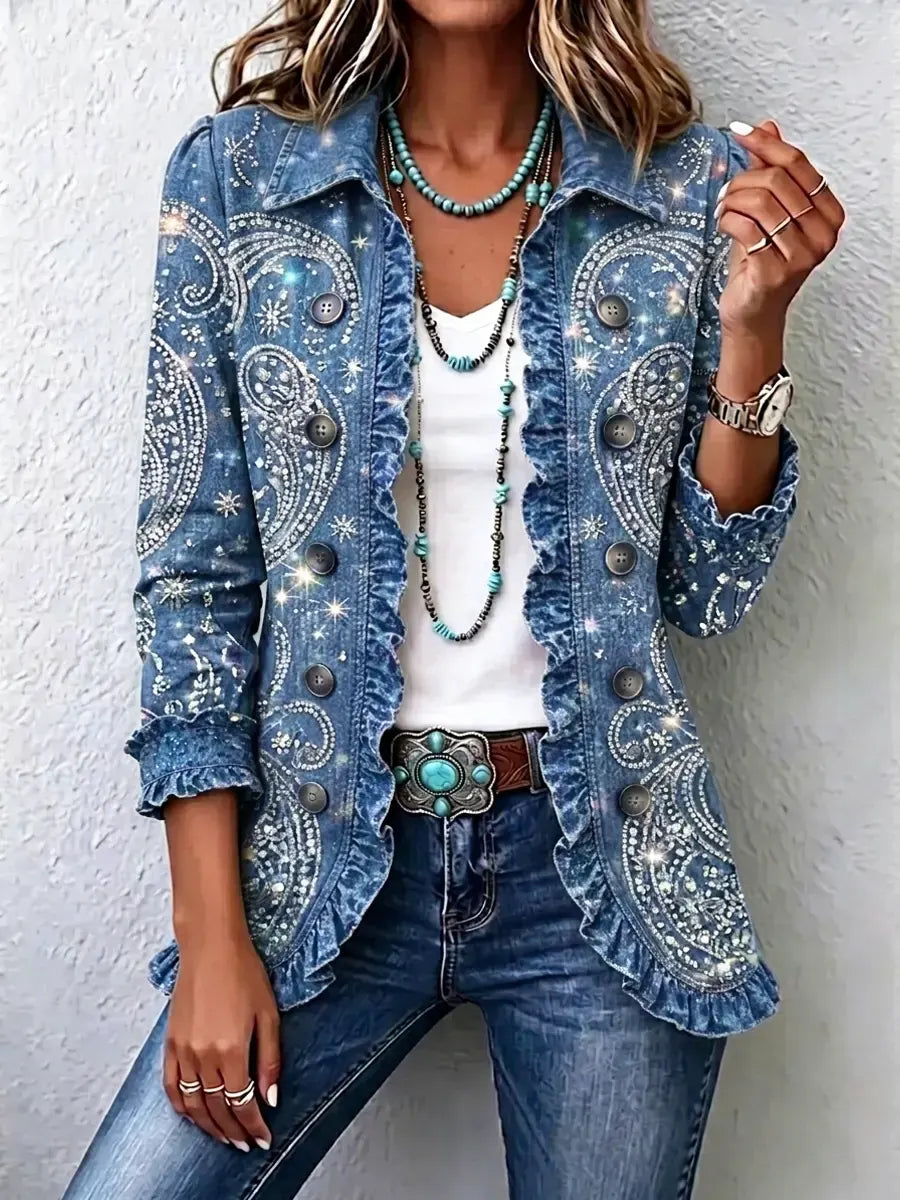 Retro Floral Shiny Pattern Art Print Ruffle Casual Stylish Denim Lapel Coat
