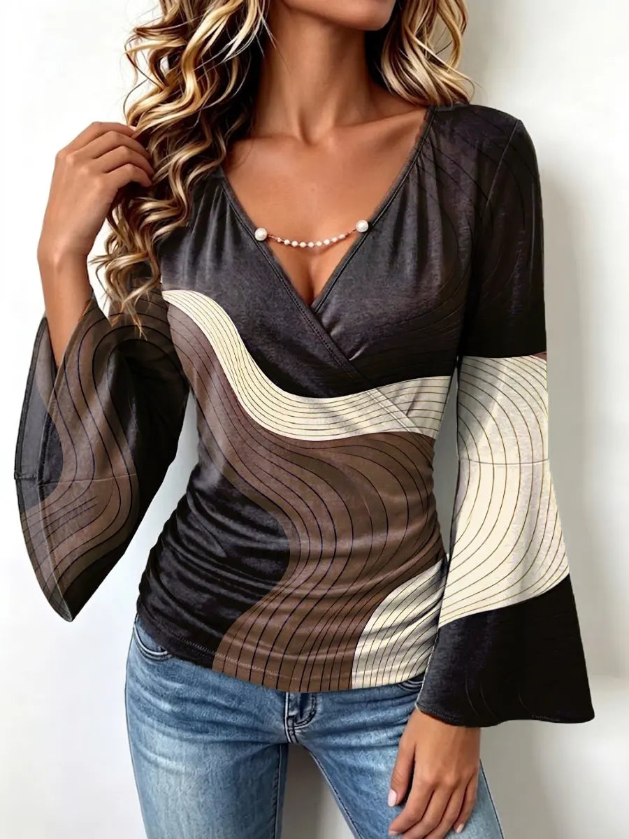Retro Line Pattern Art Print Casual Stylish Cotton V Collar Shirt