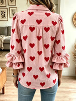 Retro Hearts Pattern Art Print Casual Ruffle Stylish Long Sleeve Cotton Linen Shirt