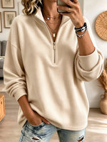 Retro Waffle Solid Color Art Casual Loose Zip Stylish Long Sleeve Shirt