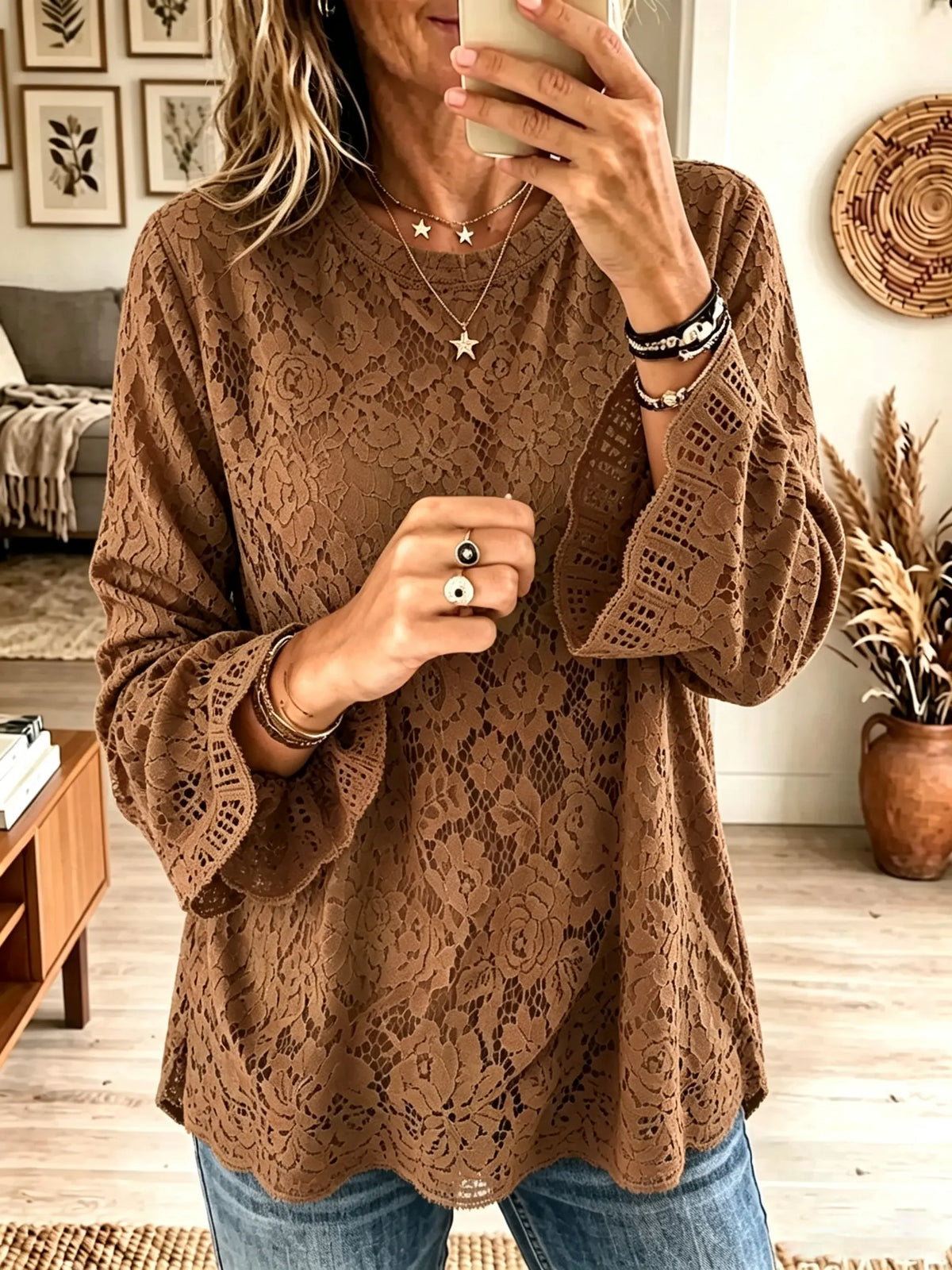Women's Floral Crochet Lace Bell Sleeve Blouse