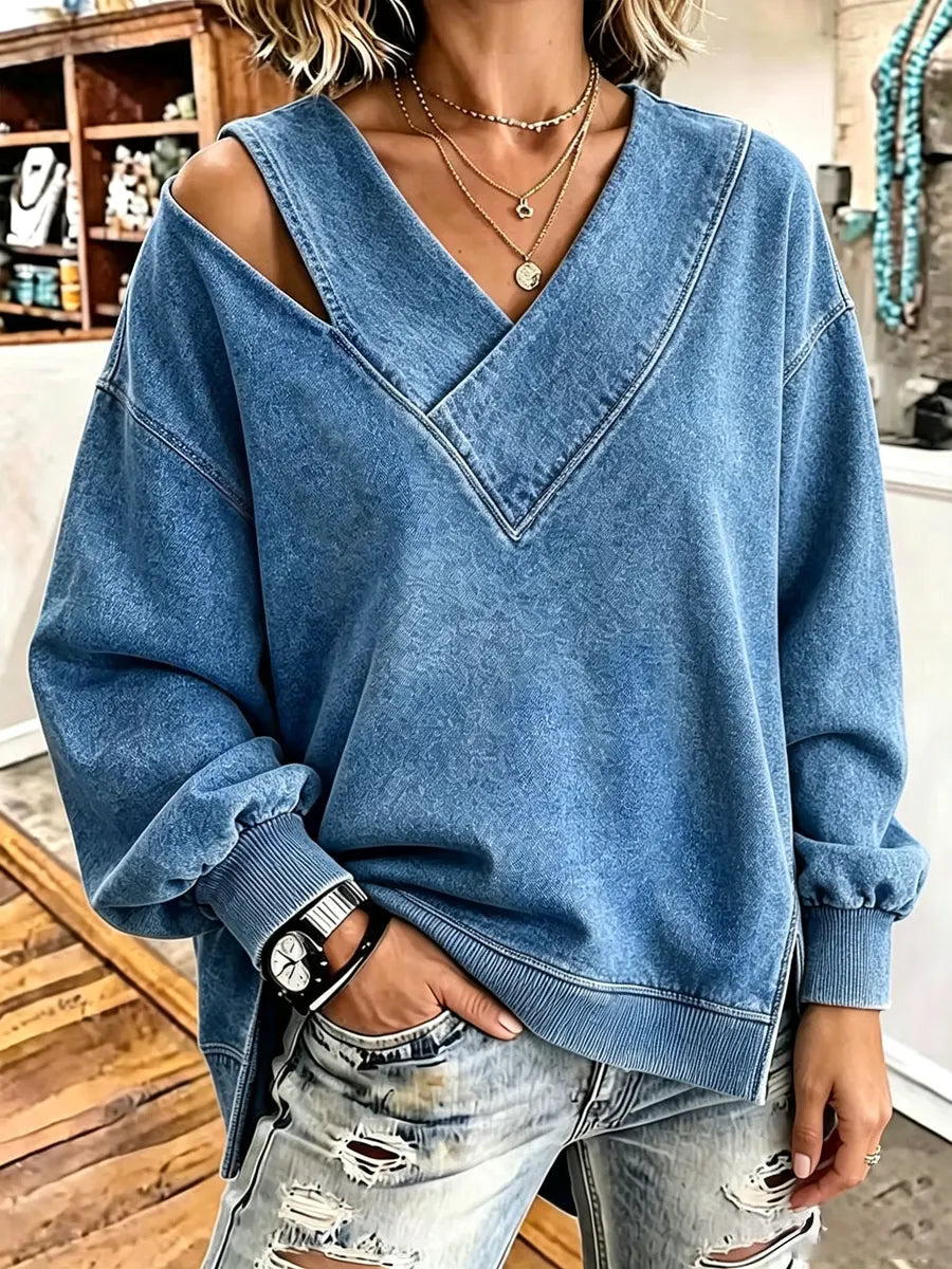 Retro V-neck Art Casual Stylish Long Sleeve Denim Sweatshirt