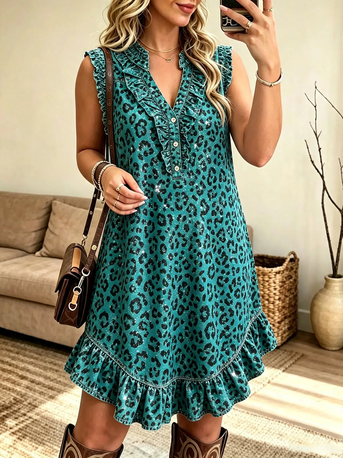 Women's Leopard Print Ruffle Sleeveless Mini Dress