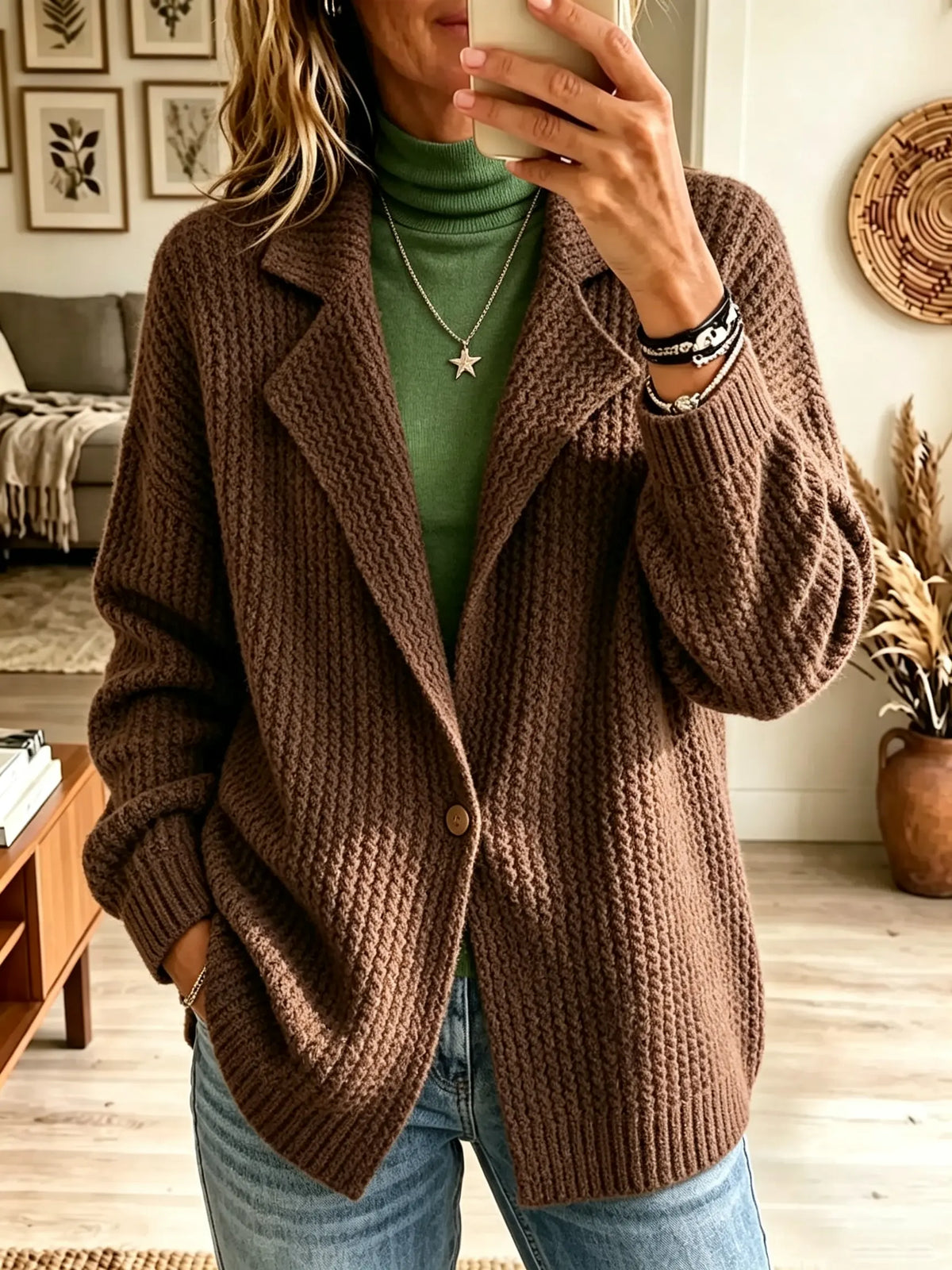 Women's Single-Button Chunky Ribbed Cardigan Coat