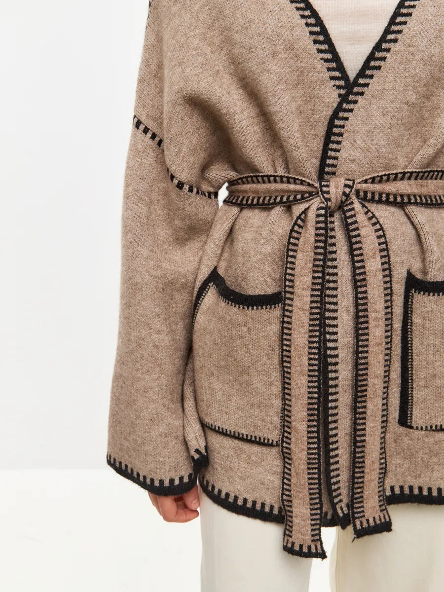 Women Contrast Stitch Trim Belted Open Front Knit Cardigan With Pockets
