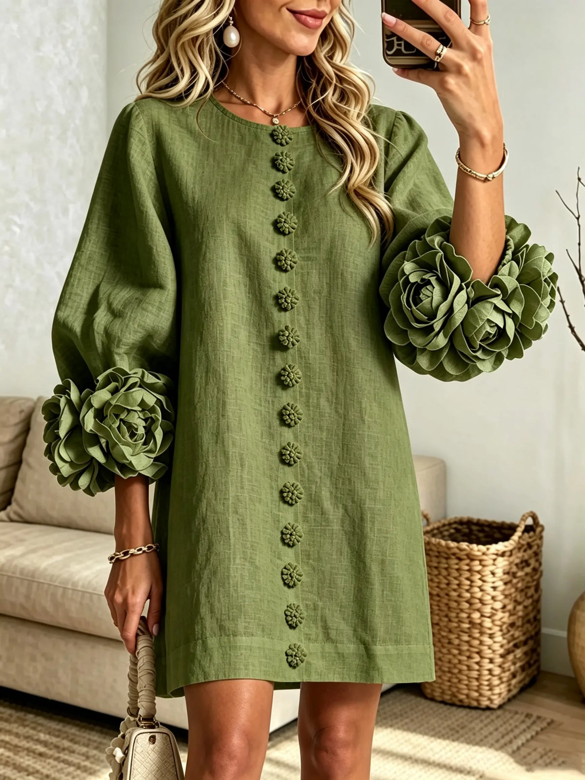 Women's 3D Floral Accent Button-Down Linen Mini Dress