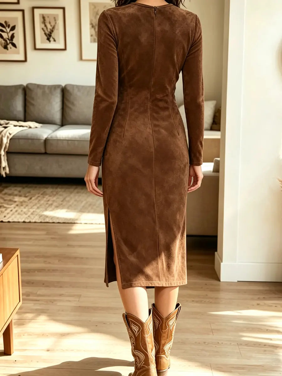 Retro Western Fringe Patchwork Art Casual Stylish Long Sleeve Midi Dress