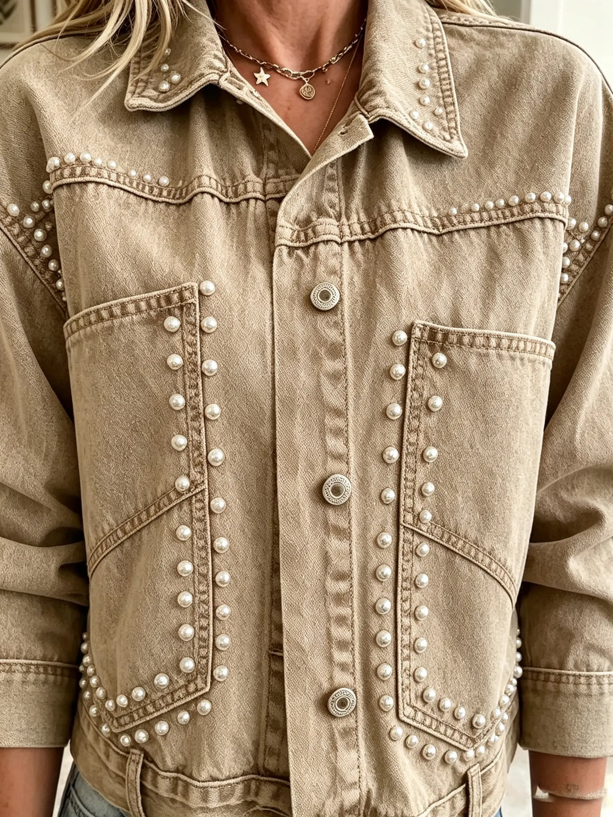 Women's Pearl Beaded Cropped Denim Jacket