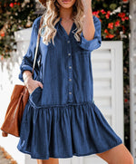 Women's Drop Waist Ruffle Denim Shirt Dress