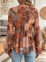 Women's Earth Tone Patchwork Floral and Letter Print Tie Front Long Sleeve Top