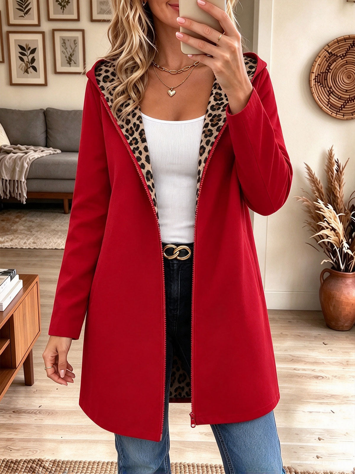 Women's Reversible Red and Leopard Print Long Hooded Zip-Up Jacket