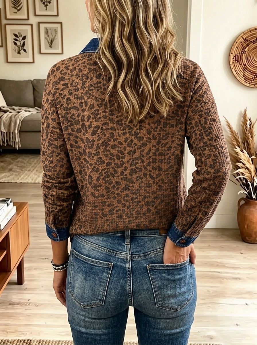 Women's Leopard Print Denim Trim Top