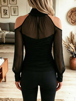 Women's Turtleneck Mesh Cold Shoulder Long Sleeve Ruched Slim Fitted Top