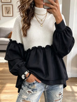 Retro Chic Ruffle Art Patchwork Casual Stylish Long Sleeve Knit Top