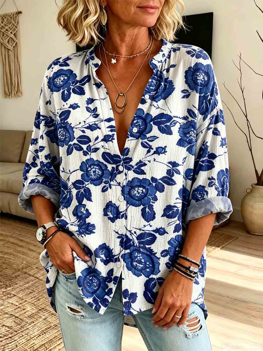 Retro Floral Pattern Art Print Casual Long Sleeve Cotton Linen Shirt