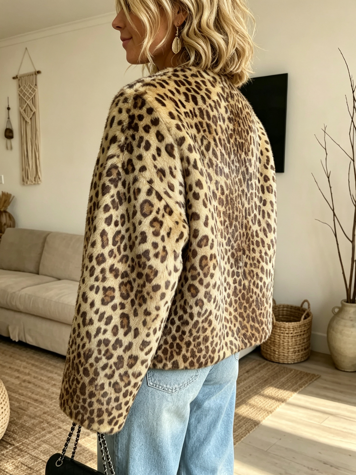 Women's Crop Faux Fur Leopard Print Jacket