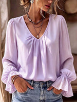 Solid Color Ruffle V Collar Art Stylish Casual Long Sleeve Shirt