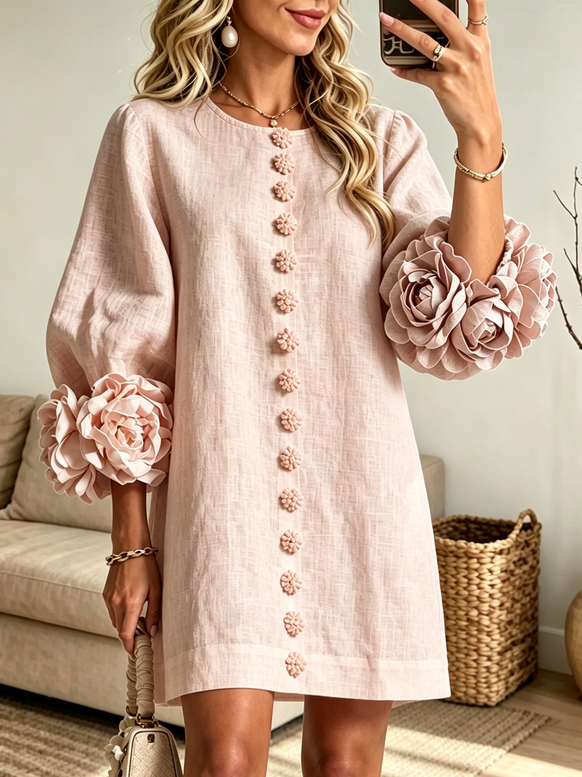 Women's 3D Floral Accent Button-Down Linen Mini Dress