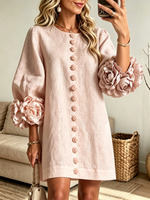 Women's 3D Floral Accent Button-Down Linen Mini Dress