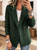 Women Mixed Media Blazer, Knit Sleeve Double‑Breasted Lapel Wool‑Blend Jacket