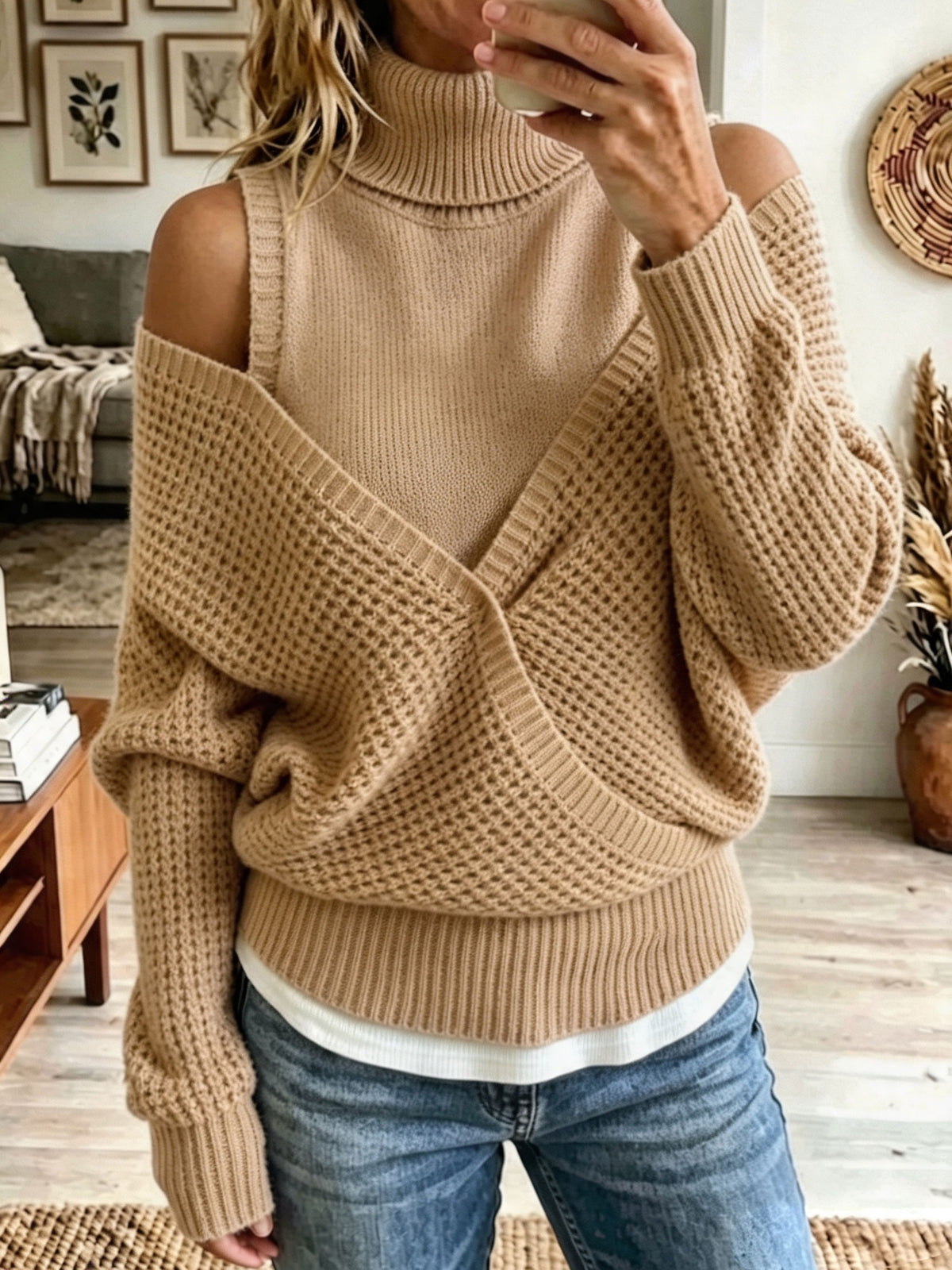 2‑In‑1 Cold Shoulder Turtleneck Knit Sweater, Wrap V‑Neck Pullover