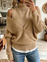 2‑In‑1 Cold Shoulder Turtleneck Knit Sweater, Wrap V‑Neck Pullover