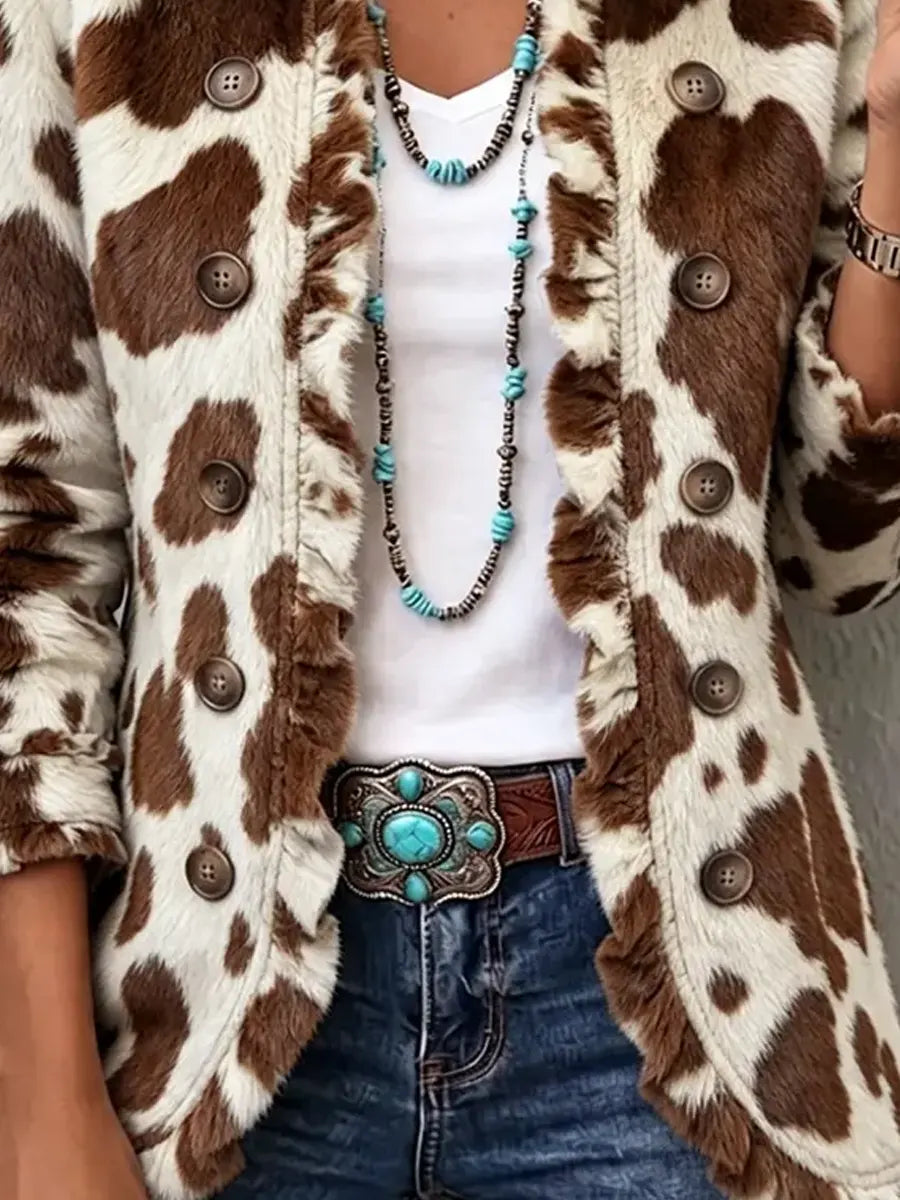 Retro Cow Pattern Art Cozy Ruffle Casual Stylish Fuzzy Lapel Coat