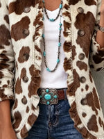 Retro Cow Pattern Art Cozy Ruffle Casual Stylish Fuzzy Lapel Coat