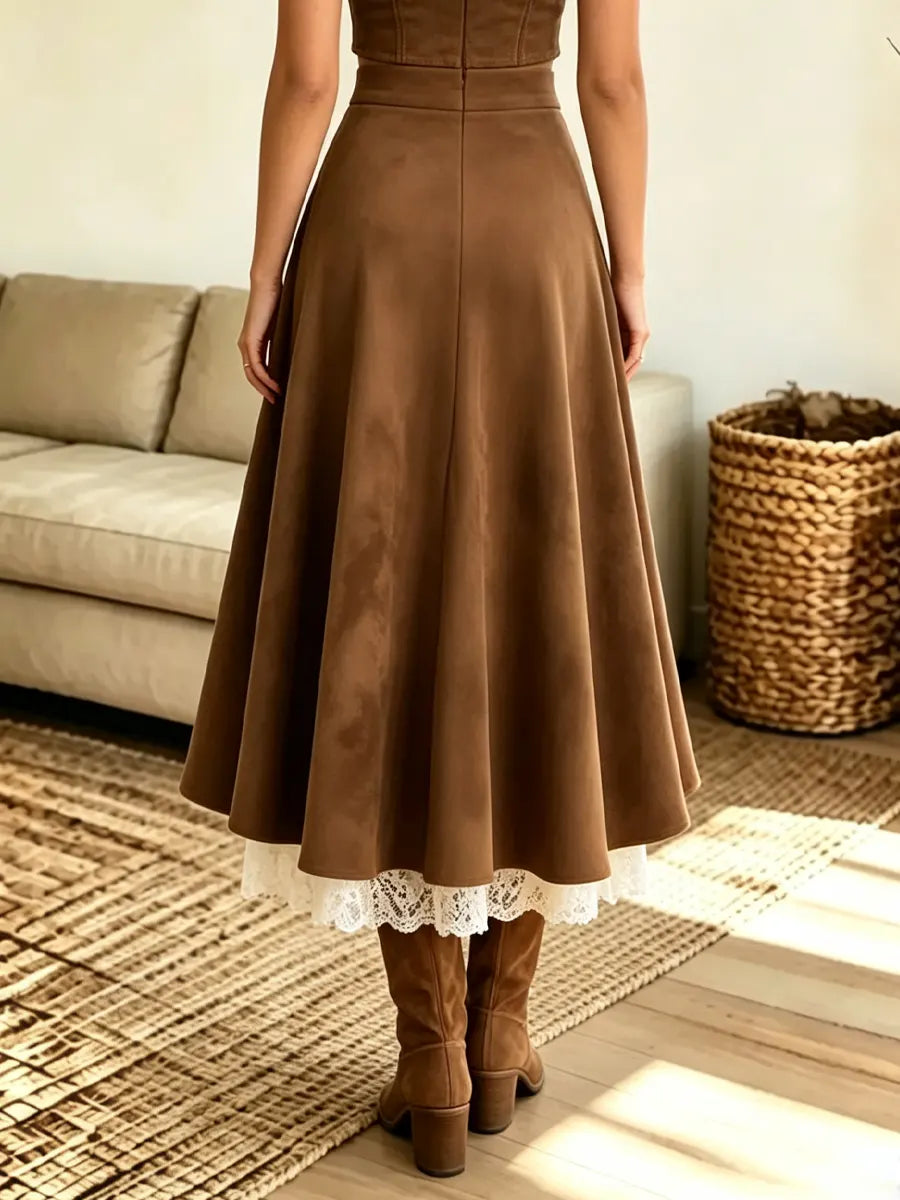 Retro Floral Lace Patchwork Art Casual Suede Stylish Skirt